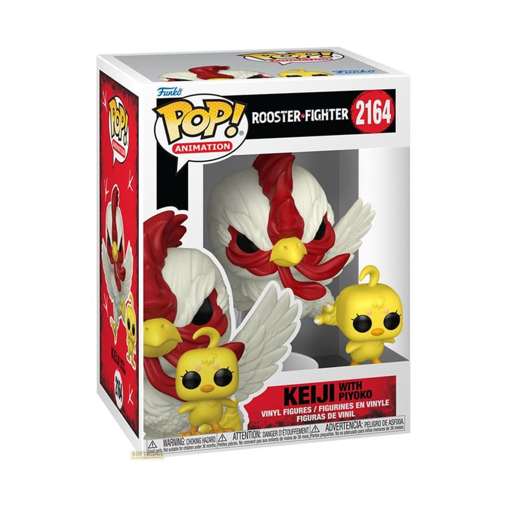 Caja Funko Pop con gallo blanco, cresta roja y figuras de pollito amarillo.