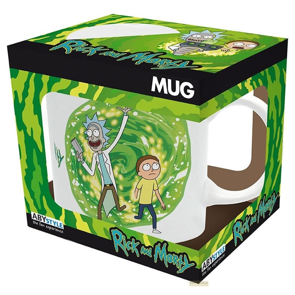 Rick und Morty Mug-Box mit Rick und Morty im Portal. Grün und Weiß.