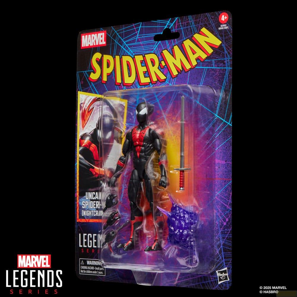Figura de Spider-Man en empaque con espada y accesorio morado.