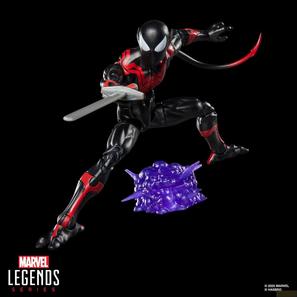 Figura de Spider-Man negra en pose de acción con espada y efecto de energía púrpura.