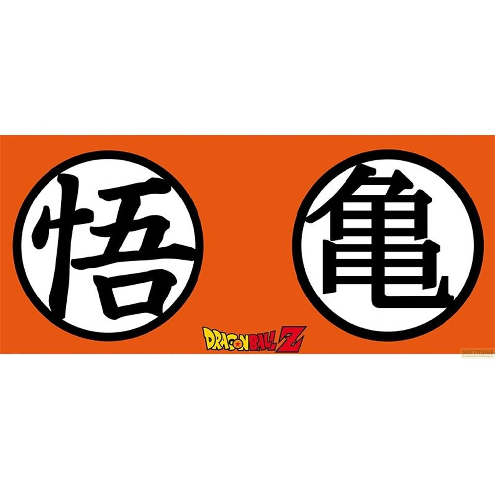 Zwei weiße Kreise mit schwarzen japanischen Schriftzeichen auf orangefarbenem Hintergrund.