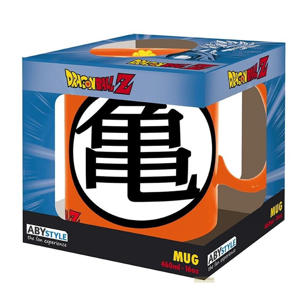 Eine orangefarbene Dragon Ball Z Tasse mit dem " Kame " Zeichen auf der Vorderseite, in der Verpackung.