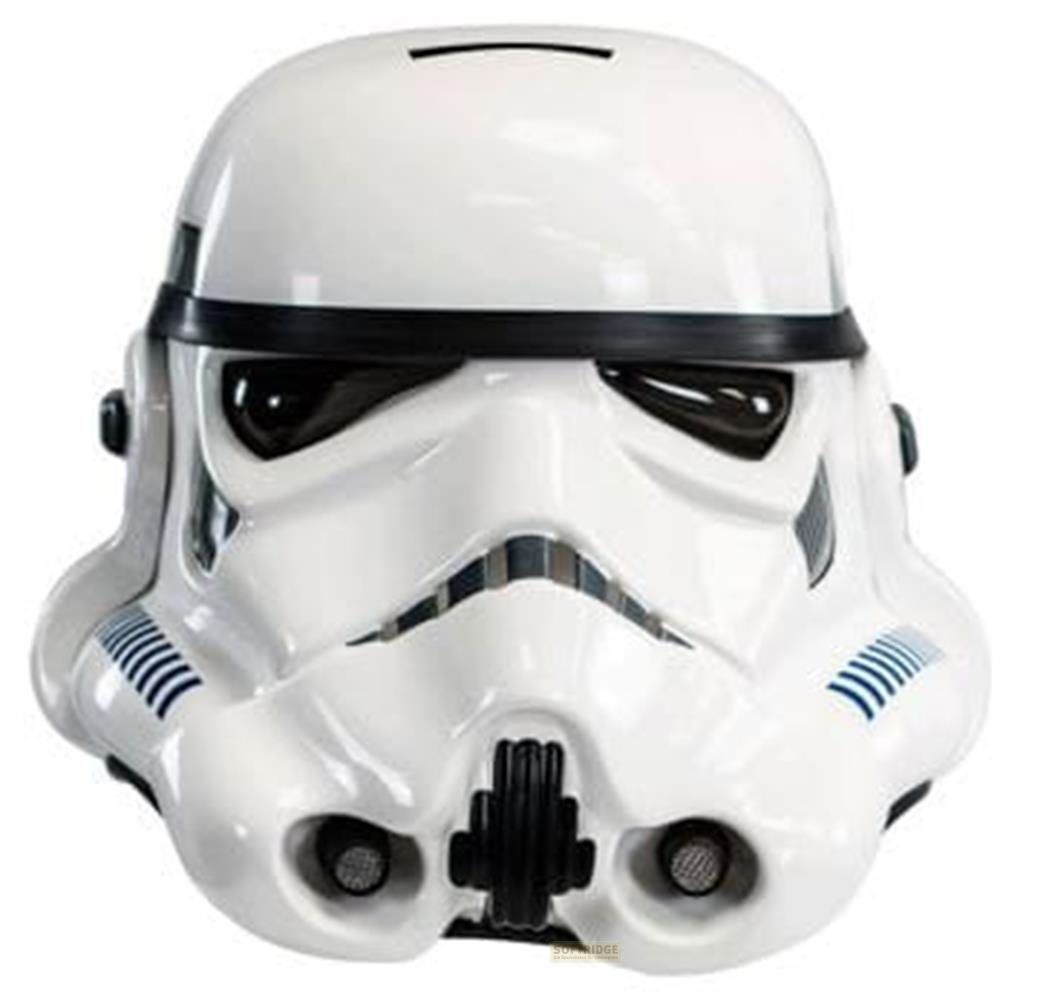 Ein weißer Stormtrooper-Helm-Sparschwein mit schwarzen Details und blau-weißen Streifen.