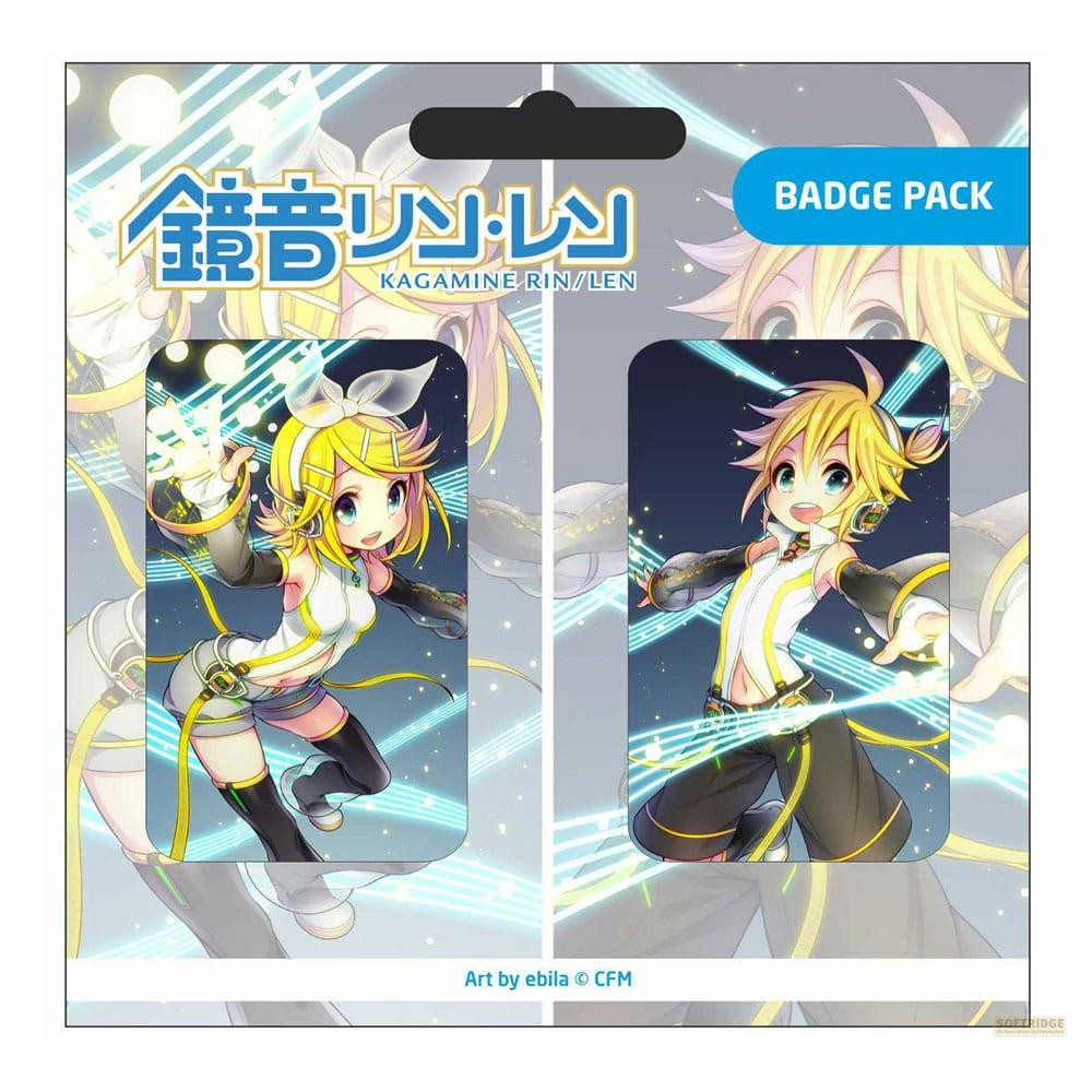 Verpackung mit zwei Kagamine Rin/Len-Abzeichen, Anime-Stil, blaue Lichtstrahlen.