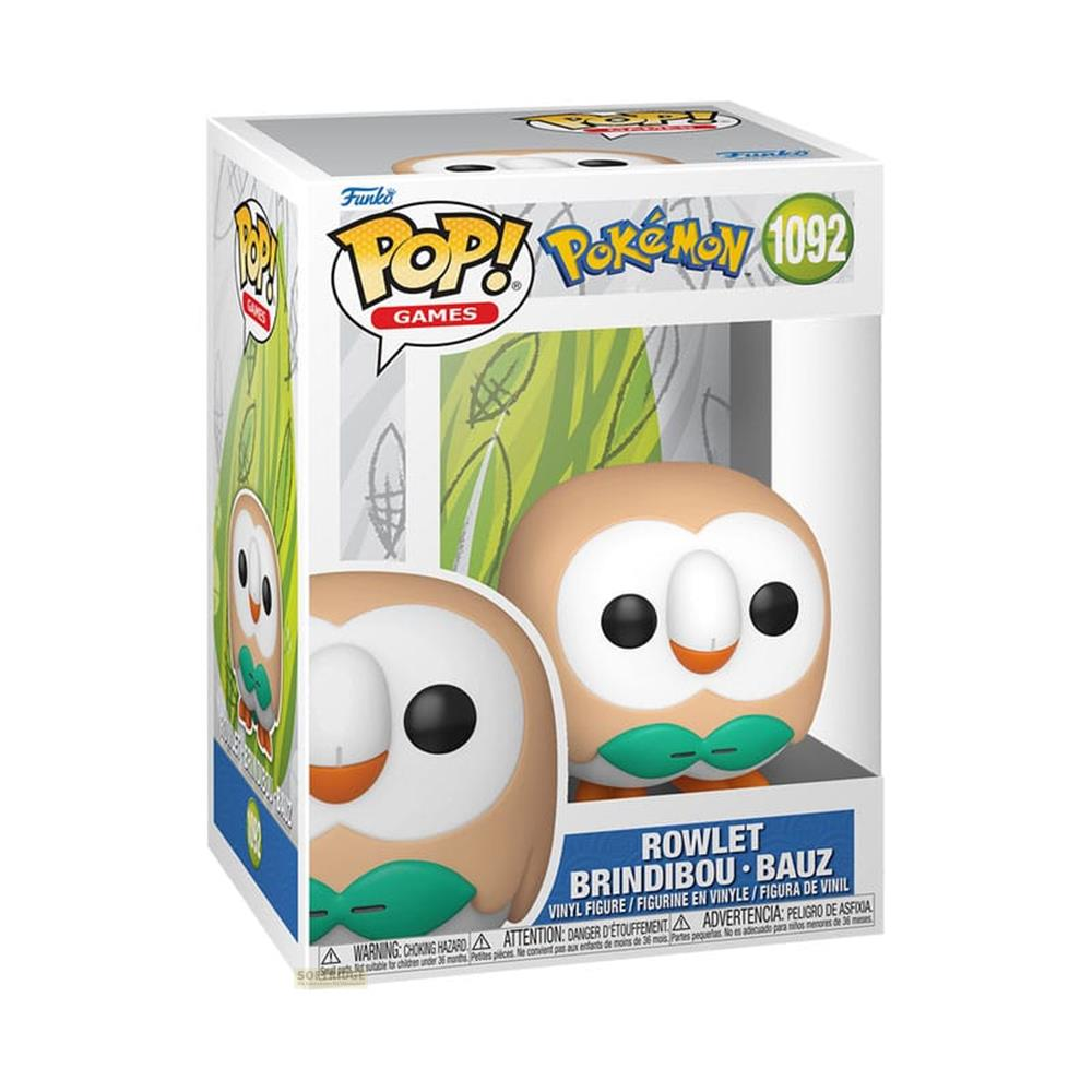 Funko Pop! Pokémon Figur "Rowlet" in einer Verpackung mit Gras-Motiv.