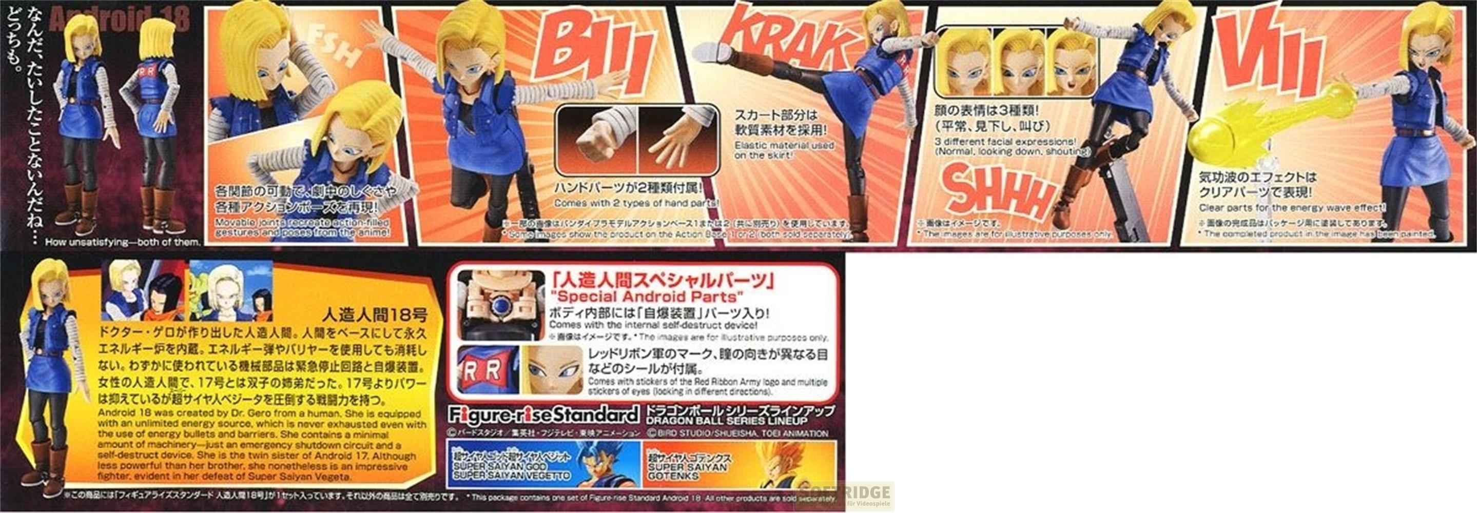 Actionfigur von Android 18 aus Dragon Ball mit Zubehör, inklusive Energieeffekten.