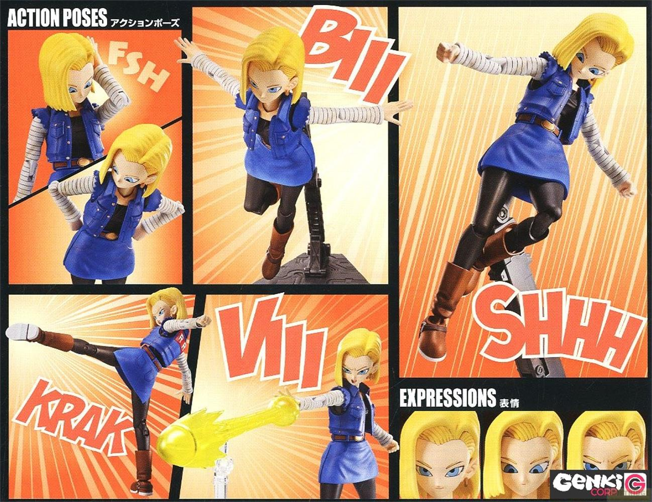 Actionfigur von Android 18 in verschiedenen Posen und Ausdrücken auf einem orangefarbenen Hintergrund.