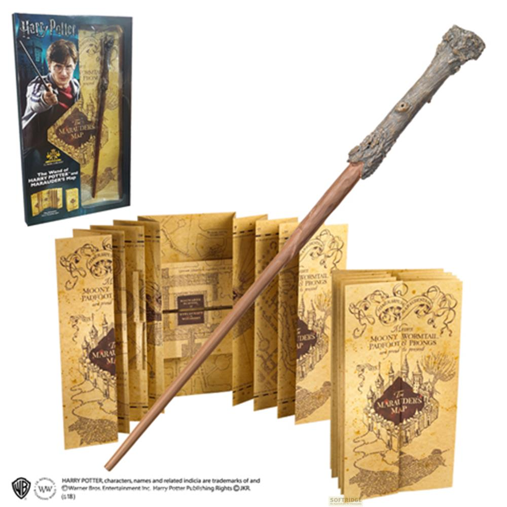 Ein Harry Potter Zauberstab und eine Karte der Rumtreiber liegen auf einem weißen Hintergrund.