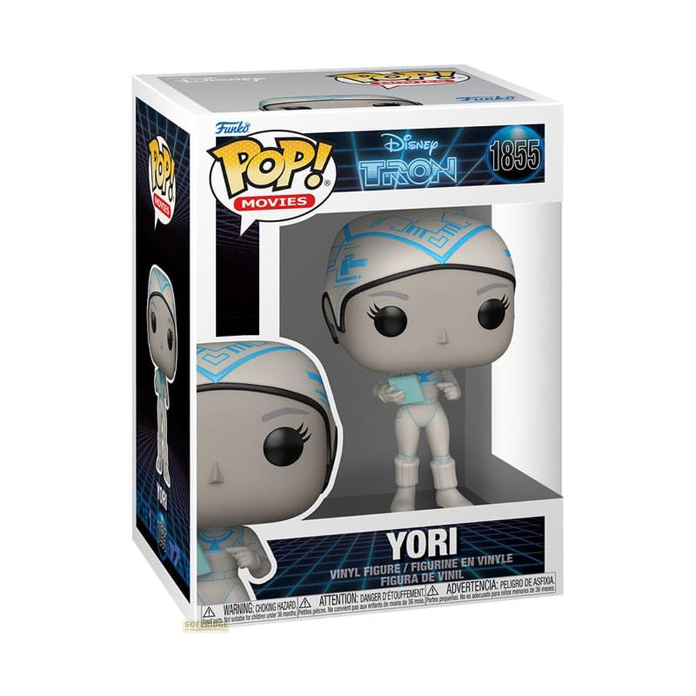 Funko Pop-Figur von Yori aus Tron in einer Verpackung mit blauen und weißen Gittern.