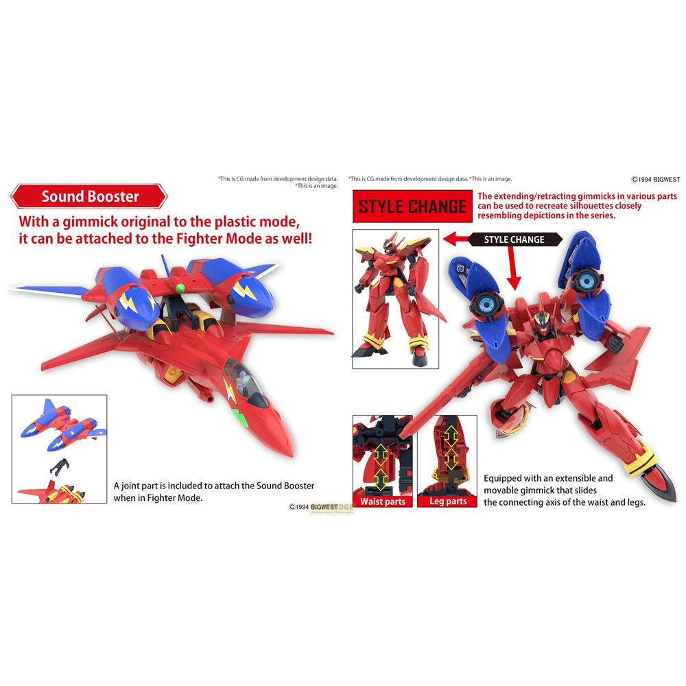 Un modèle de mécha jouet rouge et bleu avec des pièces détachables.