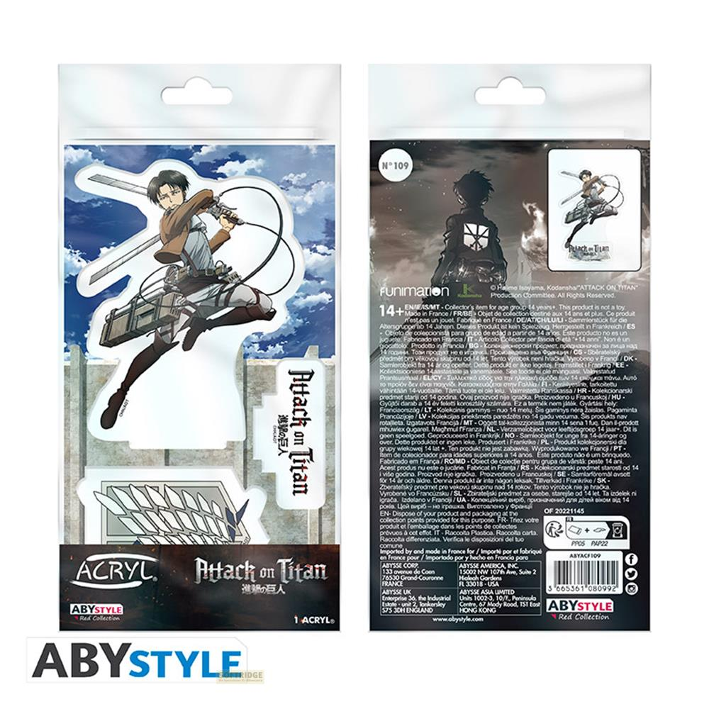 Attack on Titan-Acrylfigur von Levi Ackerman in Aktion, mit Ausrüstung und Waffen.
