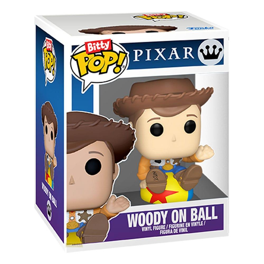 Funko Pop! Woody sobre una pelota, figura Pixar en caja.