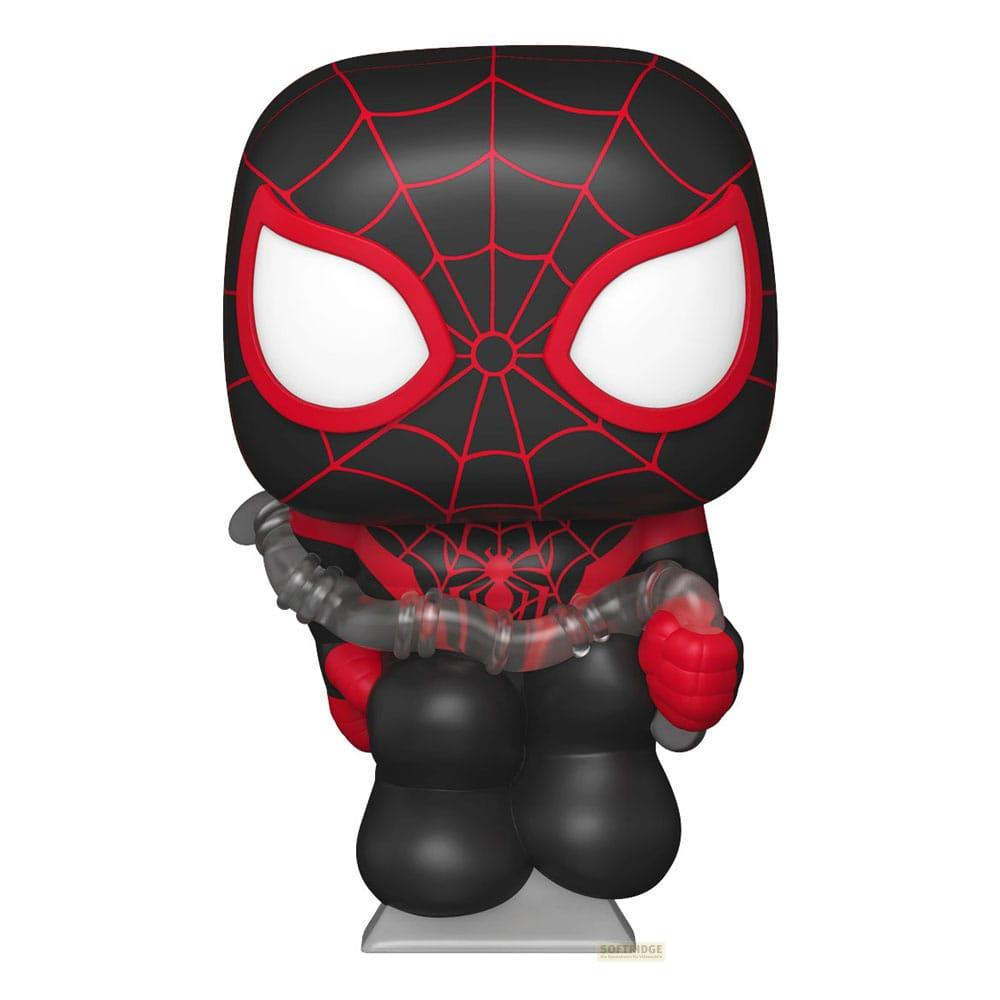Figura Funko Pop de Miles Morales en negro con detalles de telaraña roja y red transparente.