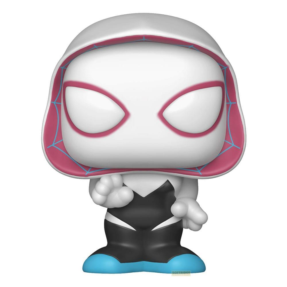 Figura Funko Pop de Gwen Stacy con capucha, traje blanco y botas azules.