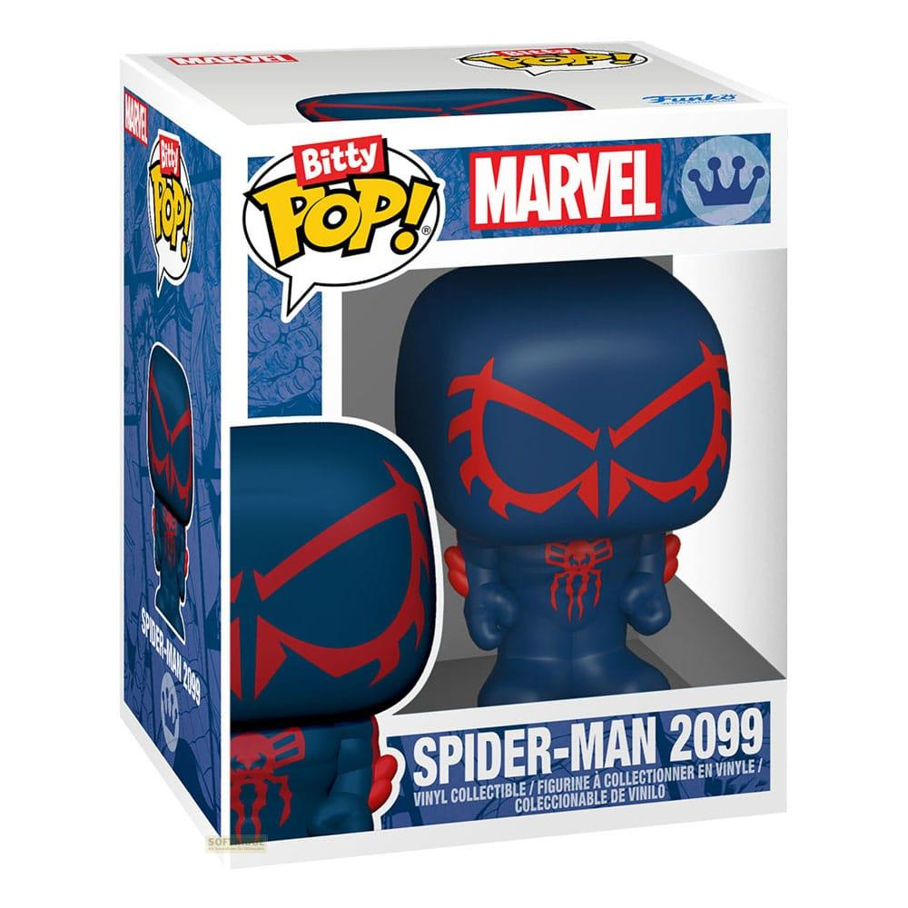 Una figura coleccionable de vinilo Funko Pop! de Spider-Man 2099 en traje azul.