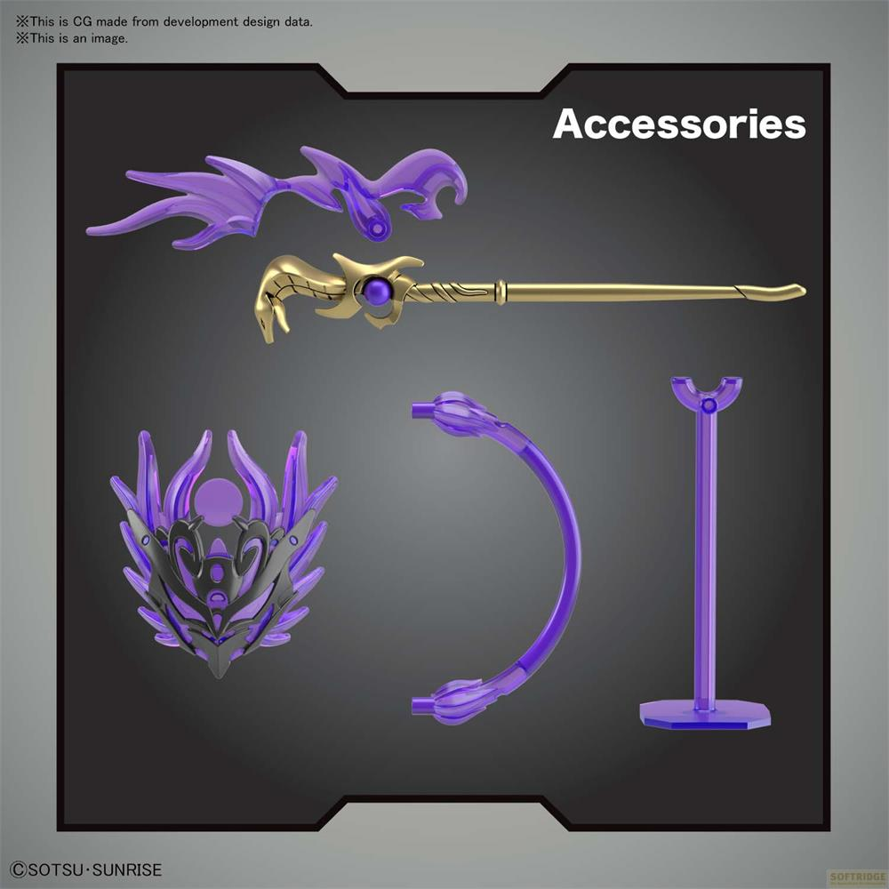 Baguette dorée, flammes violettes, bouclier et supports sur fond gris.