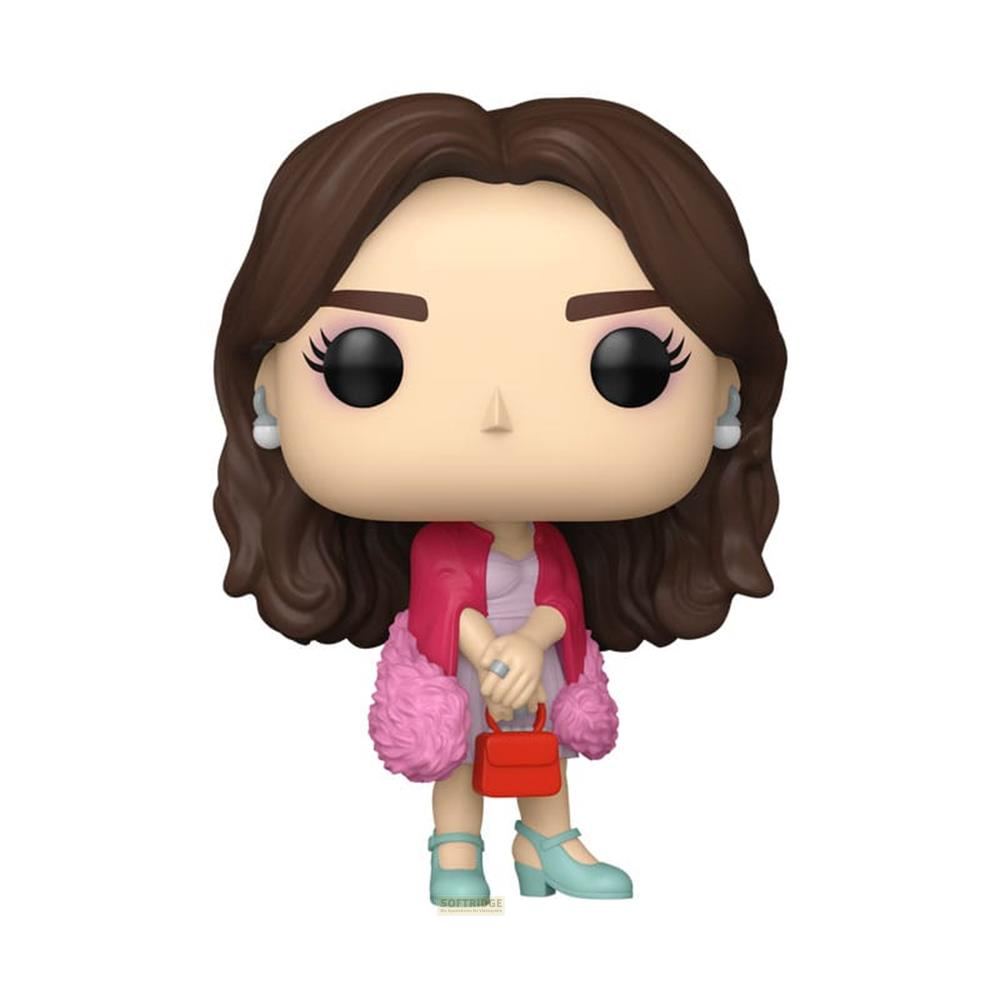 Eine Figur mit braunen Haaren, pinker Jacke, lila Kleid, roter Tasche und blauen Schuhen.