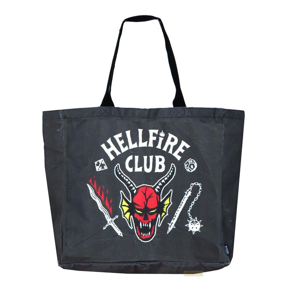Schwarze Tasche mit "Hellfire Club"-Logo, Dämonenkopf, Schwert und Streitkolben.