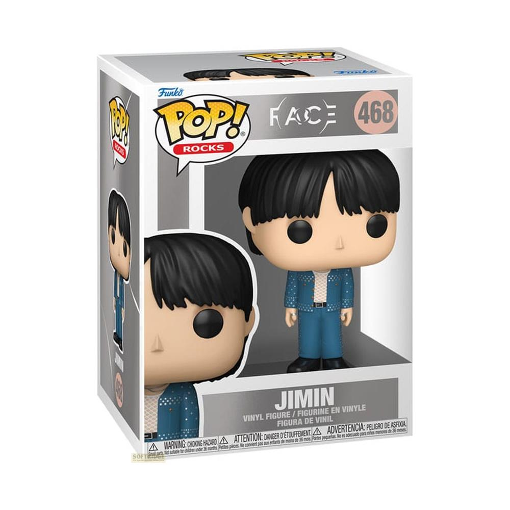 Figura Funko Pop de Jimin con traje azul y pelo negro.