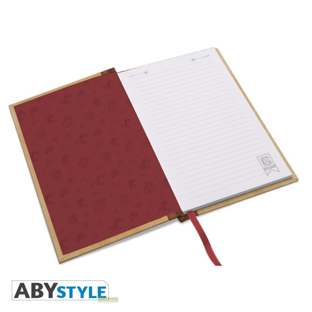 Un carnet ouvert avec couverture rouge et pages lignées. Présente des symboles.