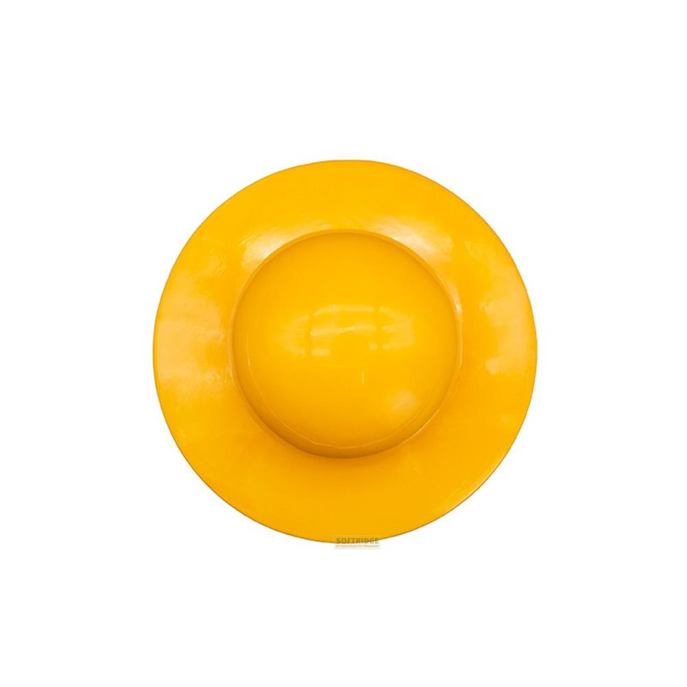Un objeto amarillo, redondo y brillante con un centro elevado.