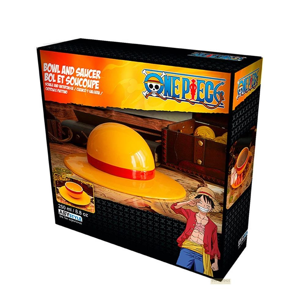 Un set de cuenco y platillo temático de One Piece con un cofre del tesoro.