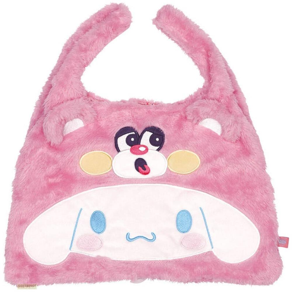 Eine flauschige, rosa Handtasche mit einem Cartoon-Gesicht und Ohren.