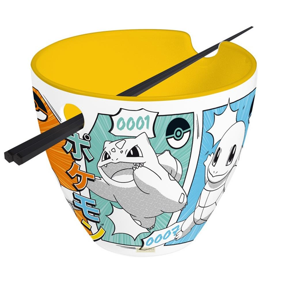 Eine gelbe Schüssel mit Pokemon-Kunst und schwarzen Essstäbchen am Rand.