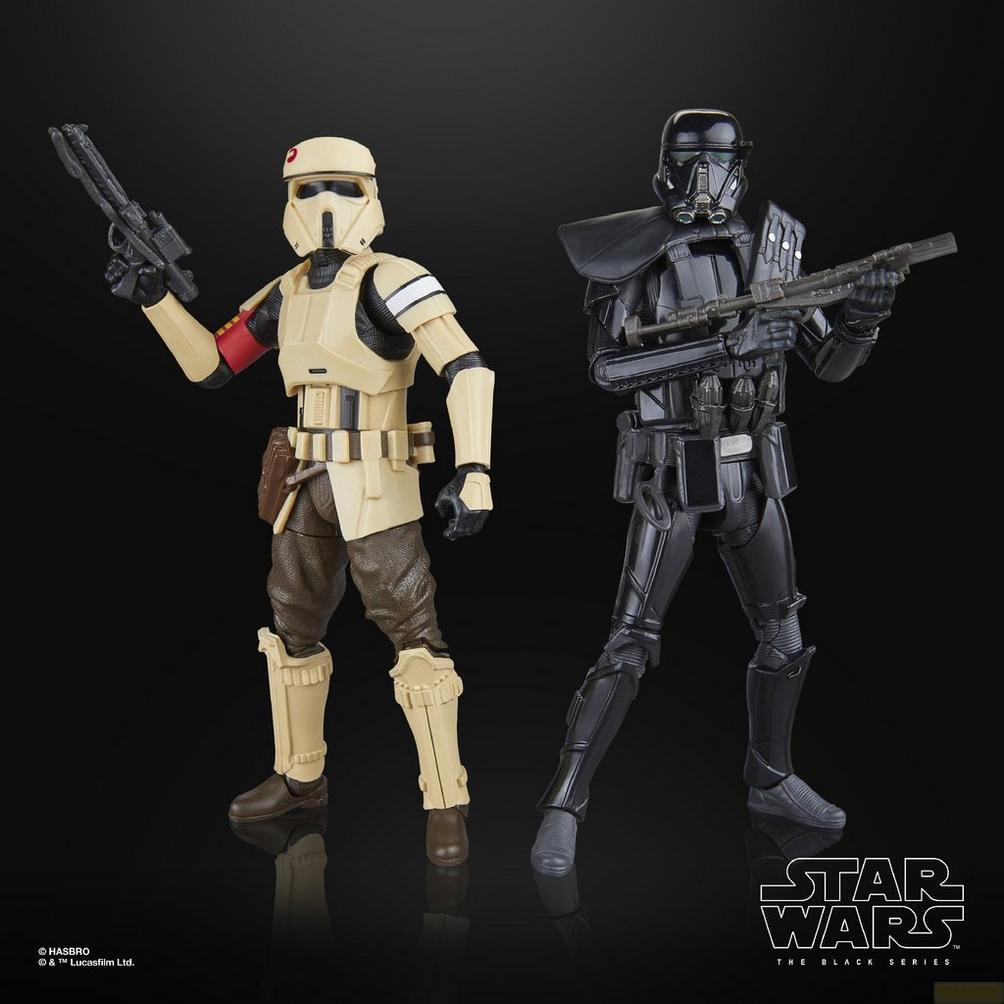 Deux figurines Star Wars : une en armure beige avec brassard rouge, une en armure noire.