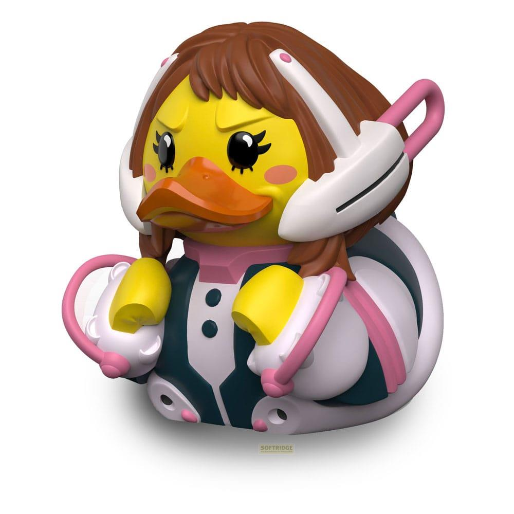 Un pato de goma estilo anime amarillo con pelo castaño y auriculares.