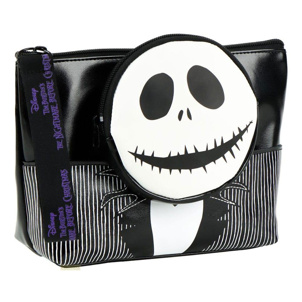 Schwarze Tasche mit Jack Skellington-Gesicht und Streifenanzug-Design.