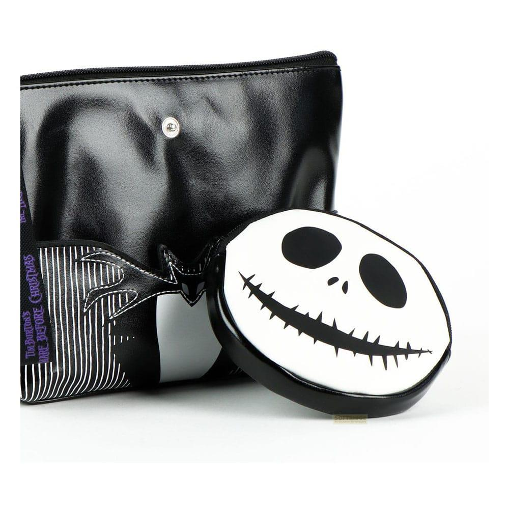 Schwarze Tasche und Kosmetiktasche mit Jack Skellington-Gesicht, inspiriert von Nightmare Before Christmas.