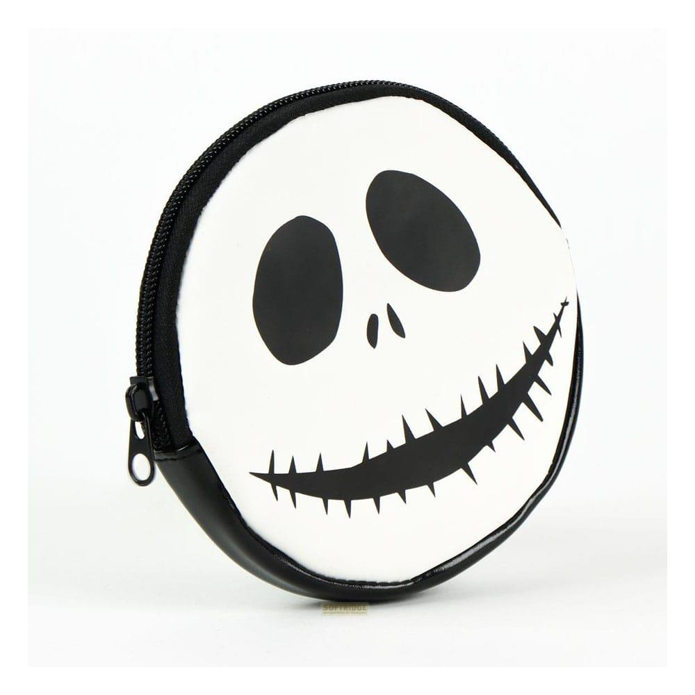 Runde weiße Tasche mit schwarzem Reißverschluss und Jack Skellington-Gesicht.