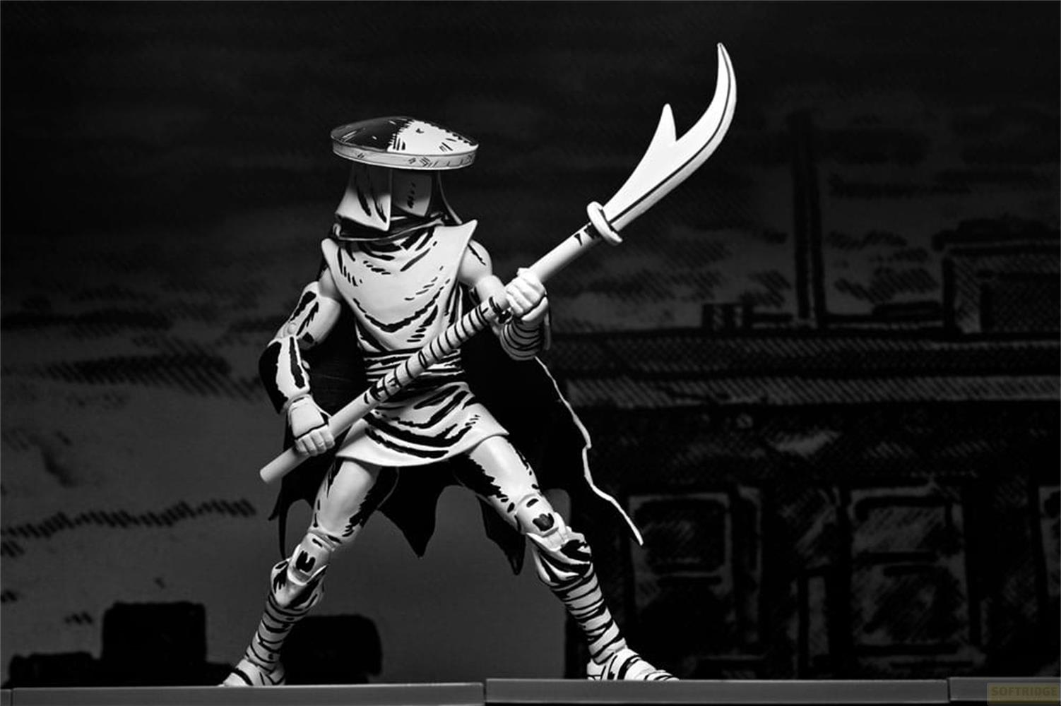 Una figura in stile samurai con spada e un edificio sullo sfondo.