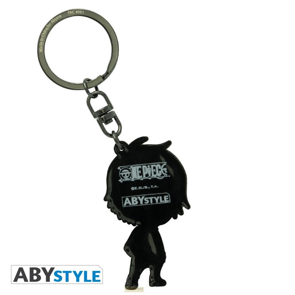 Llavero negro de One Piece con silueta de personaje y logo.