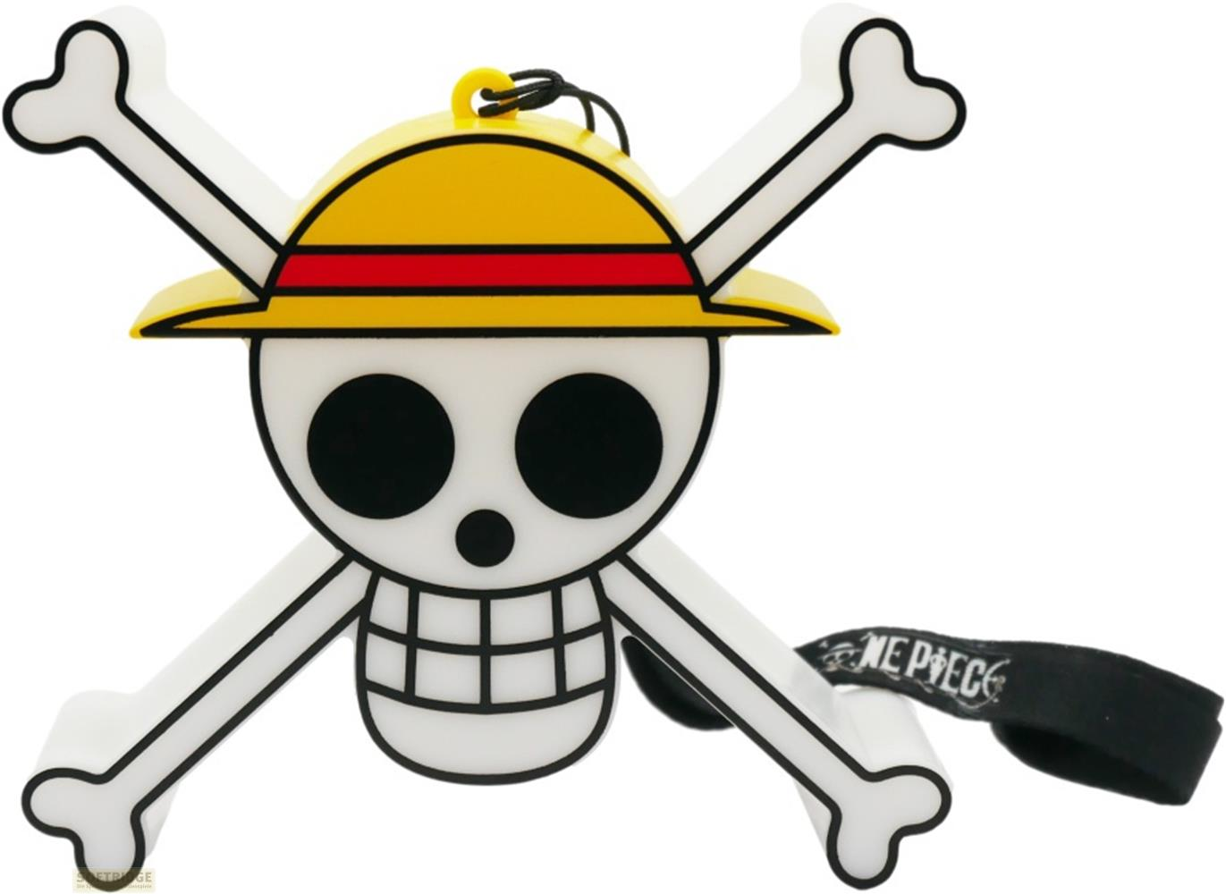 Ein Jolly Roger mit Strohhut und schwarzem Band mit "ONE PIECE"-Aufschrift.