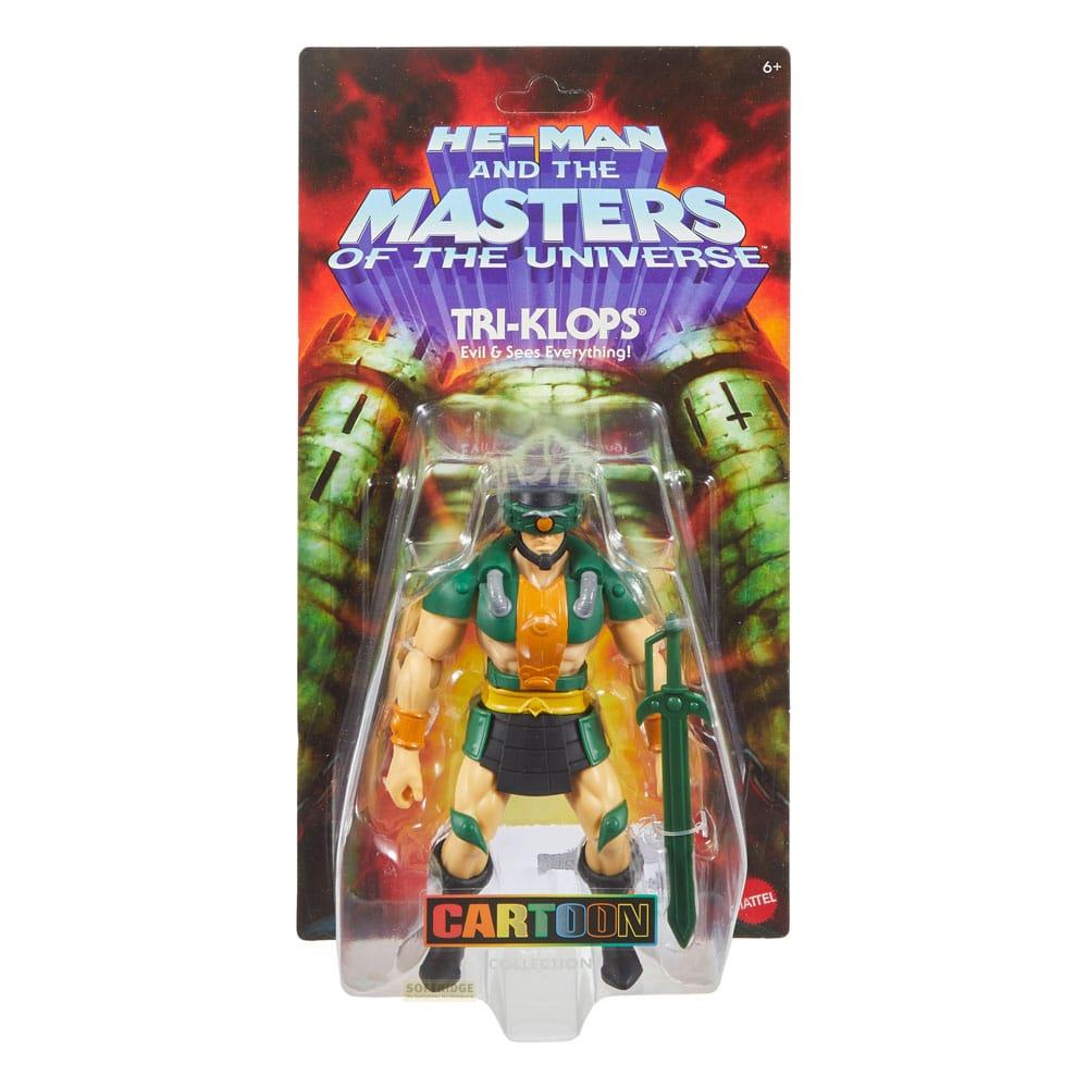 Action figure Tri-Klops in confezione, con spada e elmo verdi, serie He-Man.