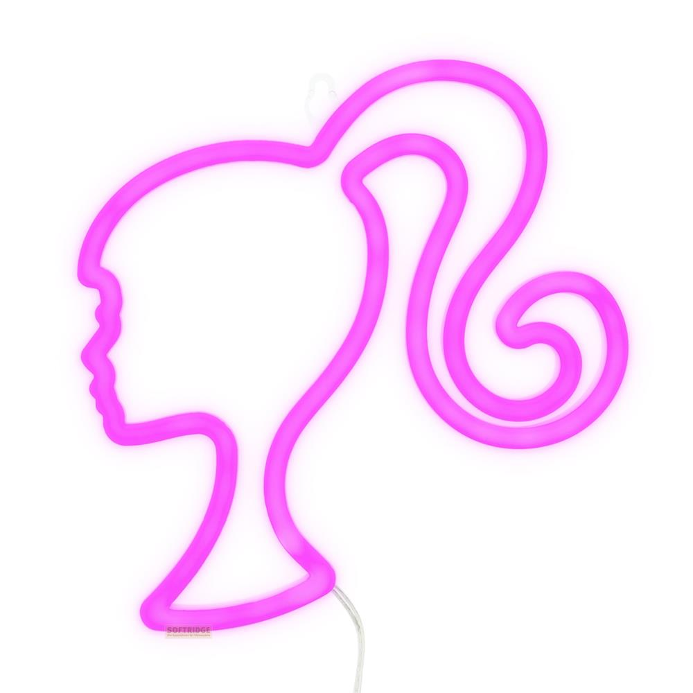 Luz de neón rosa con forma de perfil de cabeza de Barbie con pelo rizado.