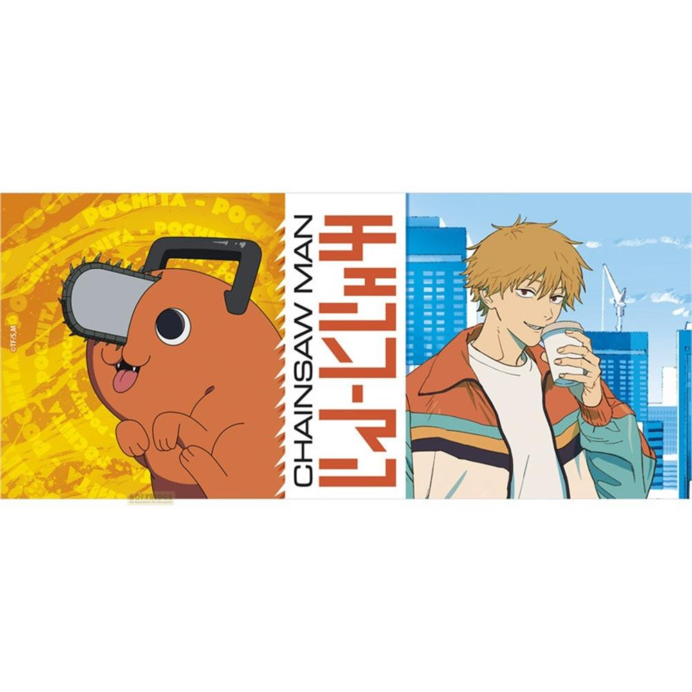 Orange Teufel mit Kettensäge, Anime-Titel und ein Junge mit Kaffee.