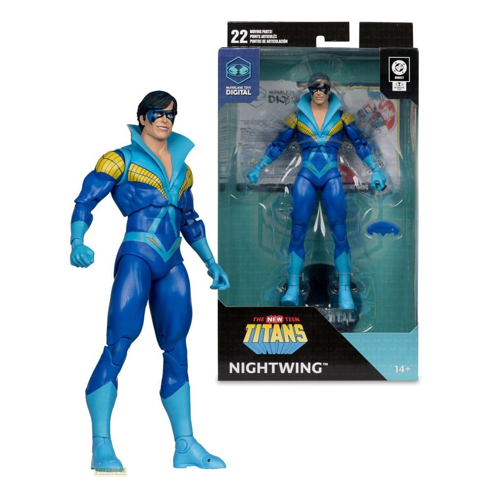 Action figure di Nightwing in scatola, costume blu e giallo, 22 punti di articolazione.