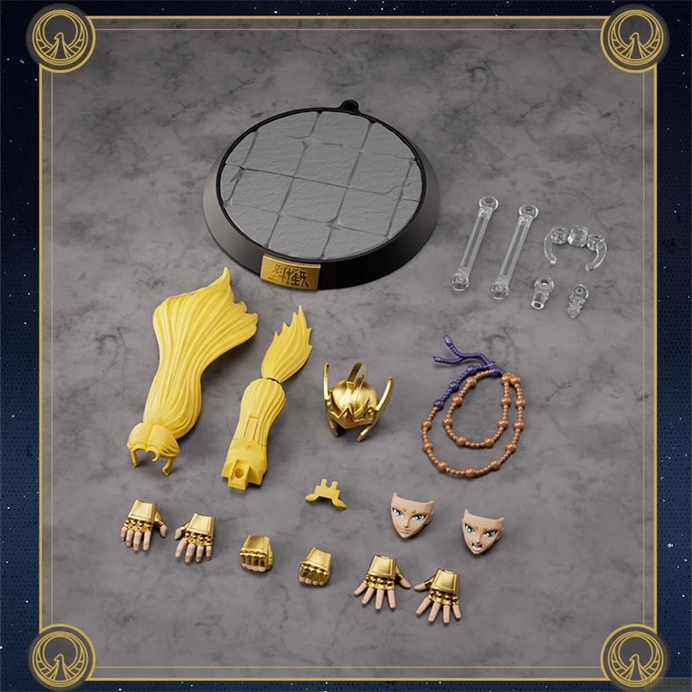Accesorios de figura dorada: base, piezas de cabello, casco, rostros, manos y collar.