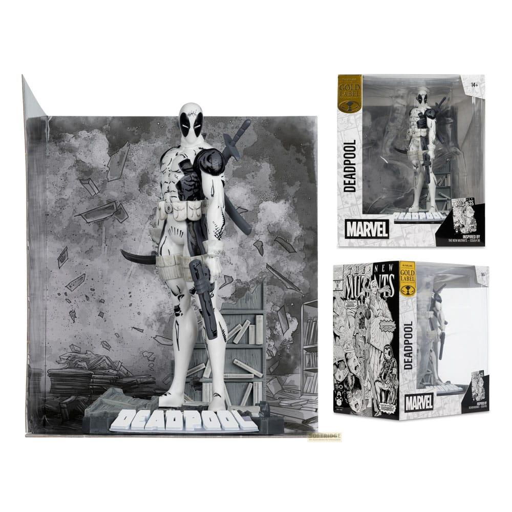 Figura de Deadpool en caja con logo de Marvel, sobre fondo gris.