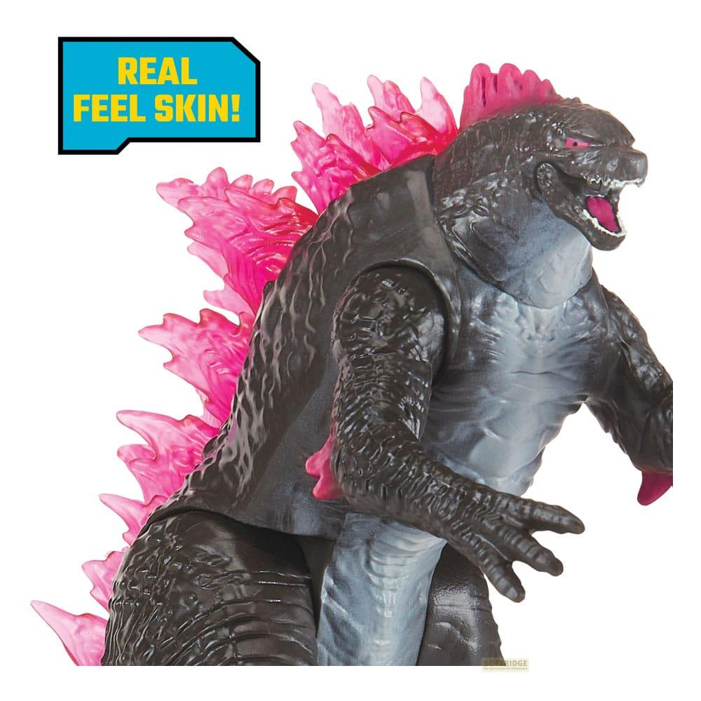 Figura di Godzilla grigio scuro con pinne dorsali rosa e occhi rossi.