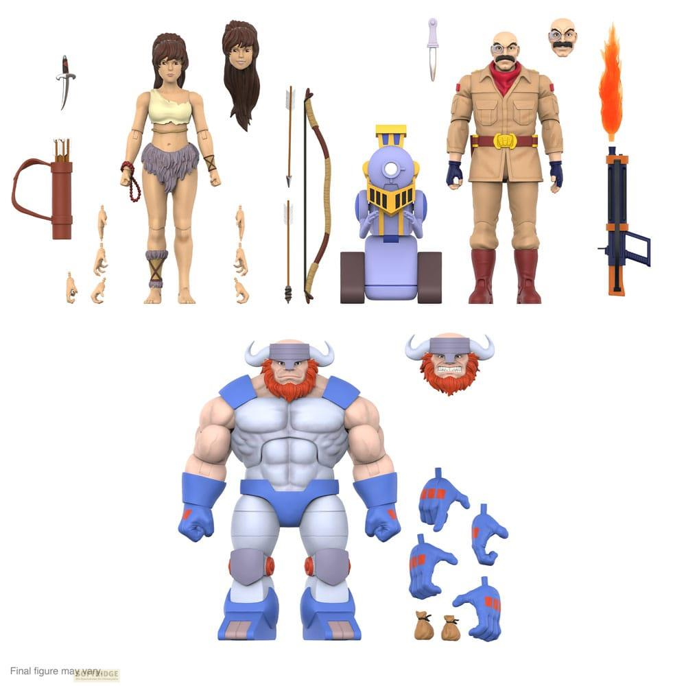 Action figure: donna delle caverne, soldato, robot, creatura testa di toro.