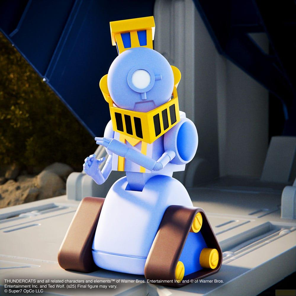 Un robot blu con accenti gialli e cingoli sta su una piattaforma.