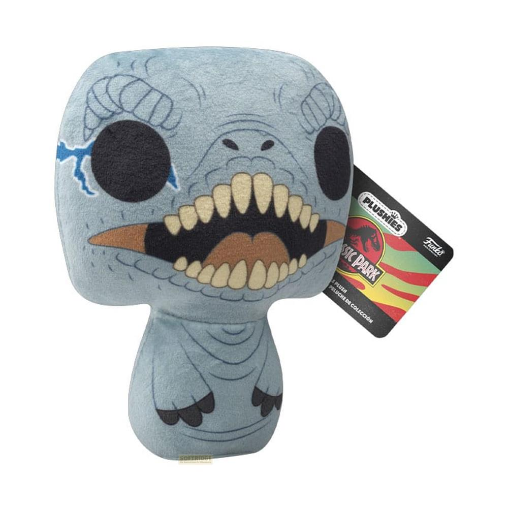 Un peluche de dinosaurio gris y suave con la boca abierta y dientes afilados.