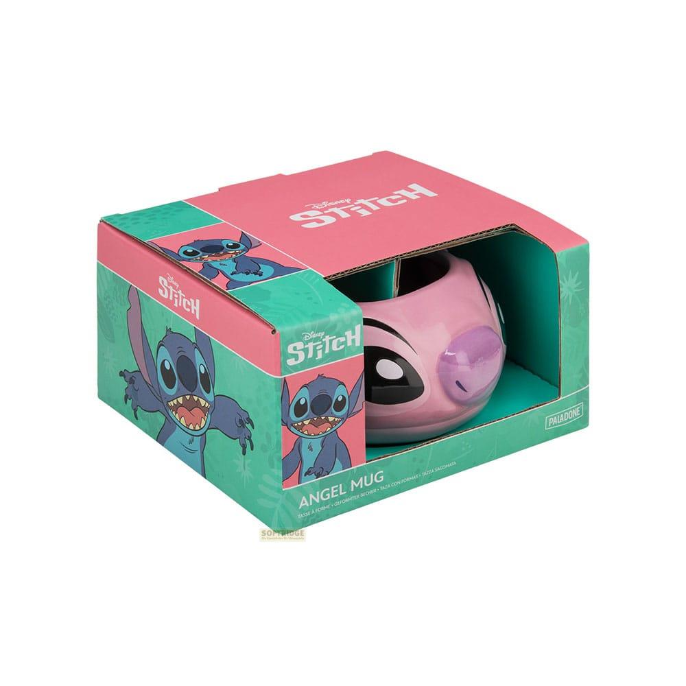 Różowy kubek Stitch wyeksponowany w pudełku z grafiką Stitch.