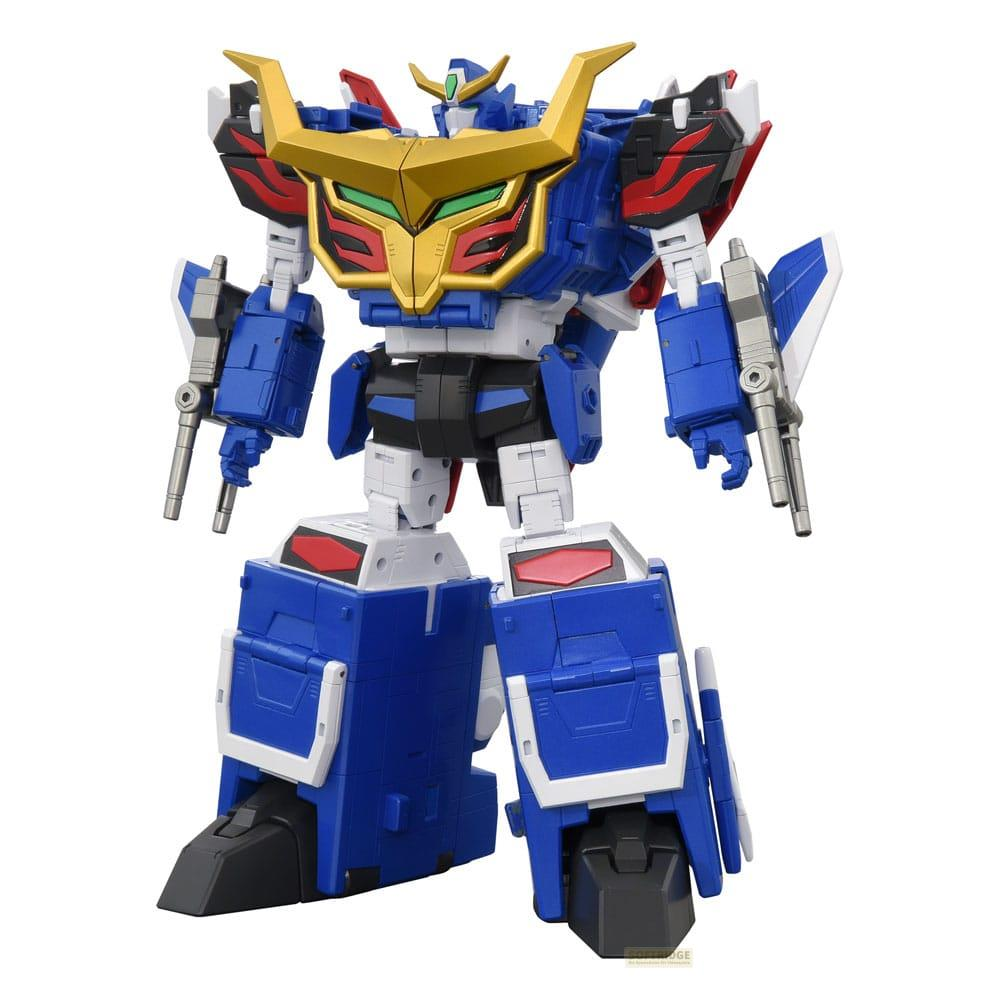 Ein blauer und goldener Roboter mit roten Akzenten steht auf weißem Grund.