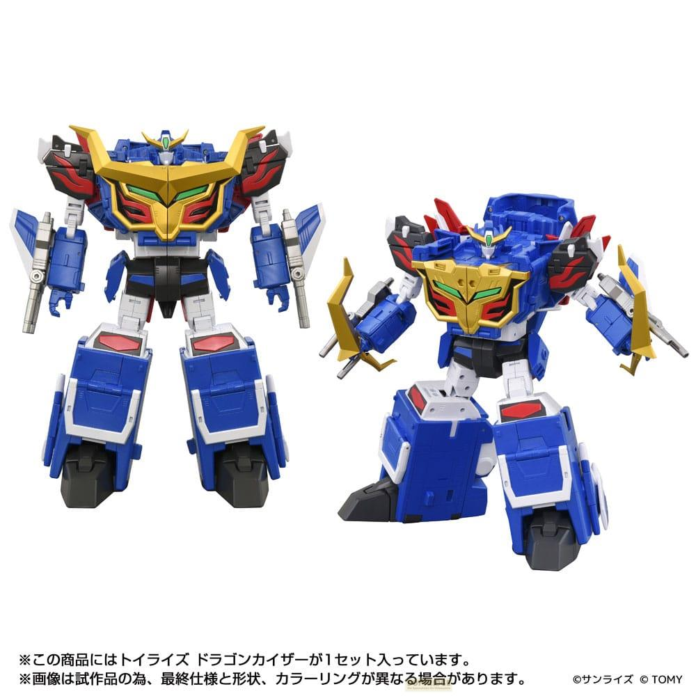 Zwei blaue und goldene Roboterfiguren stehen nebeneinander.