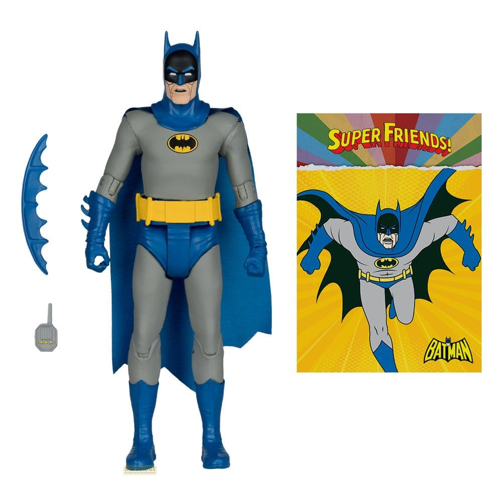 Action figure di Batman con Batarang e sfondo a fumetti. Grigio e blu.